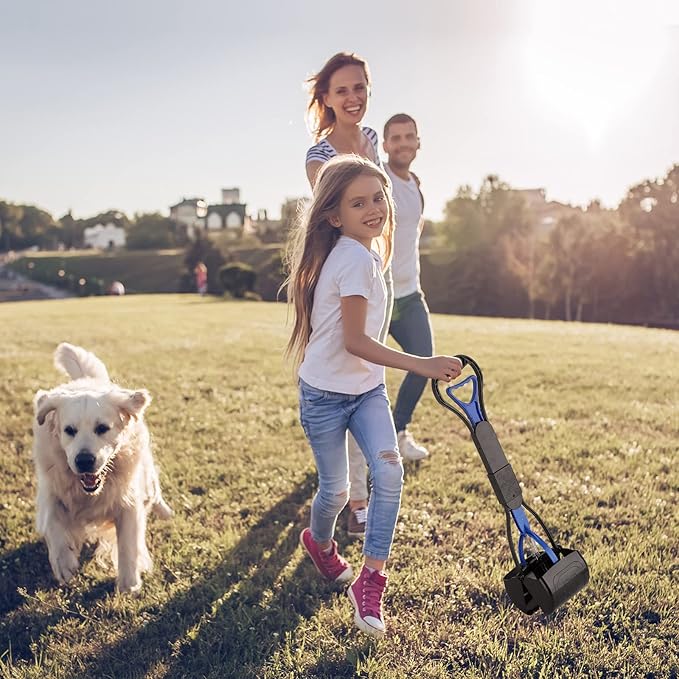 PPOGOO Non-Breakable 2PCS Pooper Scoopers for Large Medium Small Dogs with 24.3inch Long Handle High Strength Material Durable Spring, Easy Grass and Gravel Pick Up Blue and Orange-Mewly Pet