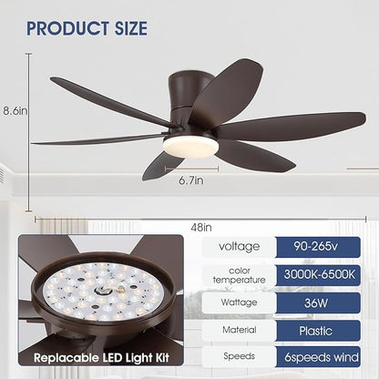 48In Ceiling Fans with Light and Remote/APP Control, 6-Blade Reversible Motor Ceiling Fan, 3-Color Dimmable Lighting, All-Brown Finish
