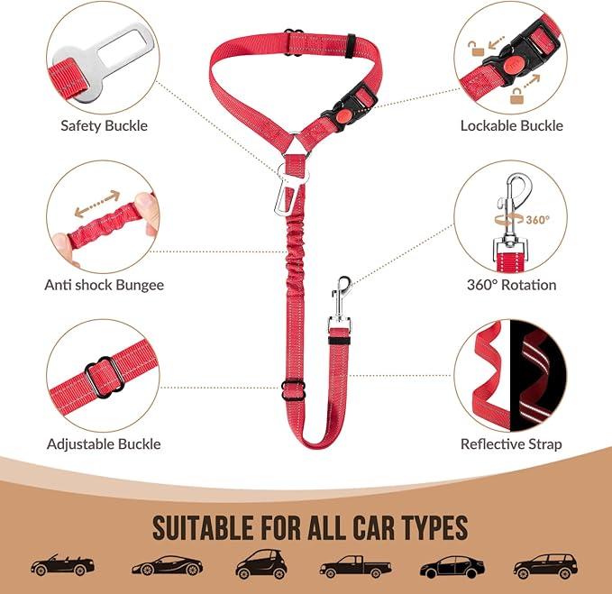 SlowTon Dog Seat Belt for Car, 2 Pack Dog Car Harness Seatbelt Adjustable with Elastic Bungee Buffer, 2 in 1 Pet Car Leash Headrest Restraint Dog Reflective Safety Tether (S, Red, Headrest+Clip)-Mewly Pet