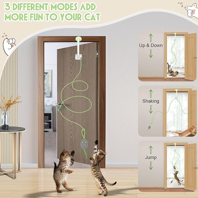 Cat Toy Interactive for Indoor Cats, Smart USB Rechargeable Door Hanging Automatic Retractable Kitten Toys, Teaser Electronic Self Play Feather Cat String Toy Attached with 3 Catnip Mice Green-Mewly Pet