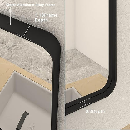 44x32 Inch Black Metal Framed Bathrrom Mirror for Wall, Black Rounded Rectangle Mirror, Matte Black Bathroom Vanity Mirror, Anti-Rust, Tempered Glass, Hangs Horizontally or Vertically