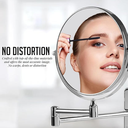 OVENTE 7" Wall Mounted Makeup Mirror with 1X/10X Magnification, Double Sided Magnifying Round Bathroom Vanity Mirror, 360° Swivel Design, Extendable and Folding Arm, Polished Chrome MNLFW70CH1X10X