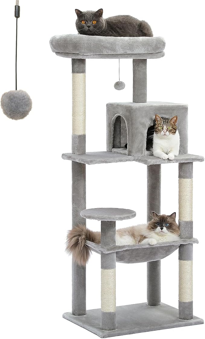 PETEPELA 56.3'' Tall Cat Tree for Indoor Cats, Multi-Level Cat Tower with Super Large Hammock (20''X16''), Sisal Covered Scratching Posts, Cozy Condo and Top Perch Grey-Mewly Pet