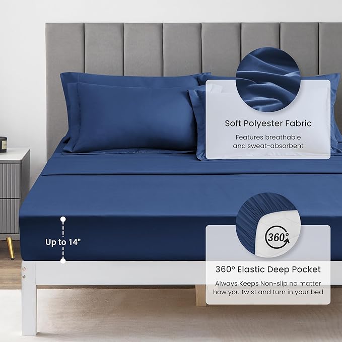 Love's cabin Queen Comforter Set Dark Blue, 7 Pieces Queen Bed in a Bag, All Season Bedding Sets with 1 Comforter, 1 Flat Sheet, 1 Fitted Sheet, 2 Pillowcase and 2 Pillow Sham