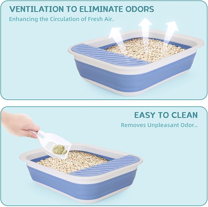 Collapsible Kitten Litter Box, ShineMe Open Top Small Cat Litter Box with Scoop and Litter Bag, Anti-Splash Waterproof Kitty Toilet Potty Pan for Sick Frail Cat 17" x 13.5", Blue-Mewly Pet