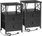 AMHANCIBLE Night Stand Set 2, Black Nightstand with Charging Station, End Tables Living Room with USB Ports and Outlets, Bedside Table with Fabric Drawers for Bedroom, HET05XBK