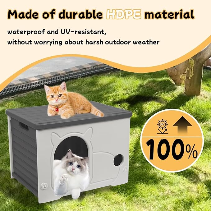Plastic Outdoor Cat House Waterproof Feral Cat Shelter(Gray)-Mewly Pet