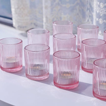 VOHO Pink Candle Holder Set of 12, Ribbed Votive Candle Holders for Pink Room Decor, Tealight Candle Holder Romantic Gifts for Valentine Christmas Decorations(2.1'' x 2.6'')