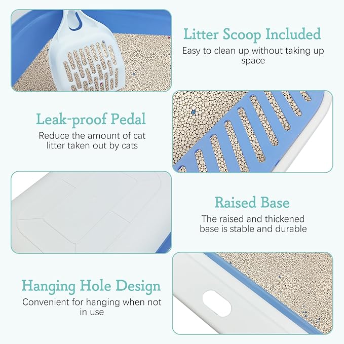 Fhiny Cat Litter Box Portable Shallow Litter Box 17.7"x13.4"x4.9" Foldable Cat Toilet with Scoop Open Kitty Potty Pan with Litter Drop Pedal Easy to Clean Travel Kitten Toilet(Blue)-Mewly Pet
