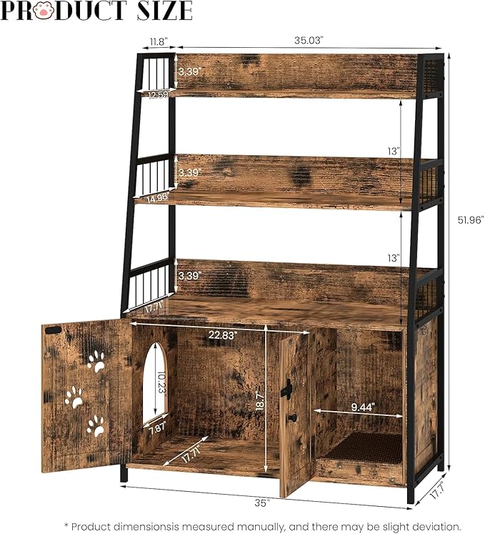 Recaceik Large Cat Litter Box Enclosure with Shelf Storage, Hidden Cat Washroom Furniture, Wooden Cat House with Scratch Pad, Sturdy Indoor Cat Cabinet with 2 Doors, Rustic Brown-Mewly Pet