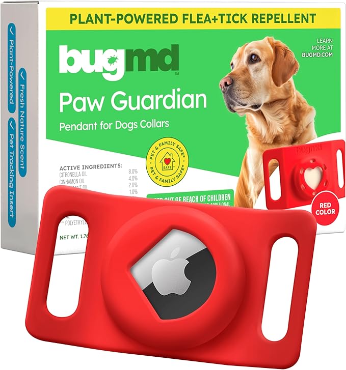 BugMD Paw Guardian Flea and Tick Prevention Pendant for Dogs with AirTag Holder | Plant-Powered Flea & Tick Control for Dog Collars Harnesses | Dog Tag with Air Tag Holder - Red-Mewly Pet