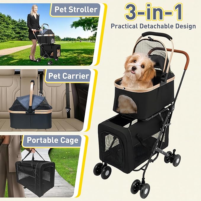 Double Pet Stroller for 2 Dogs or Cats, Folding Dog Stroller with 2 Detachable Carrier Bags, Safety Belt, 4 Lockable Wheels, Separate Compartments, for Multi-Pet Homes (Black)-Mewly Pet