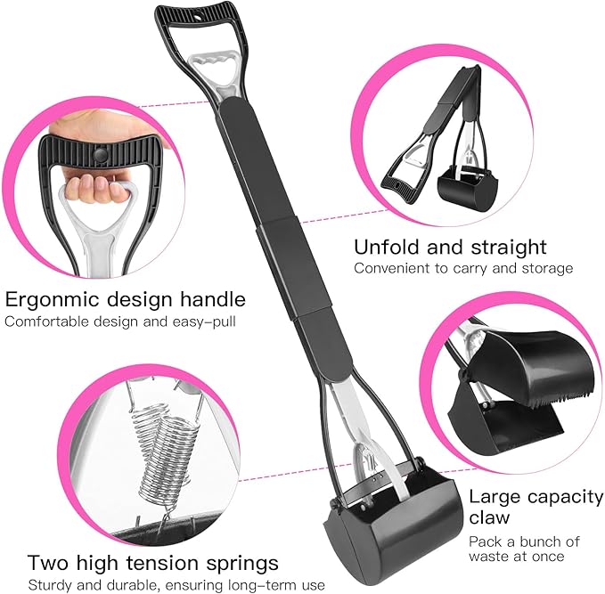 UPSKY 32'' Pooper Scooper for Large Small Dogs, Long Handle Dog Poop Scooper with Waste Bags, Portable Dog Poop Pick Up Tool, Folding Poop Scoop for Yard, Grass, Dirt, Gravel-Mewly Pet