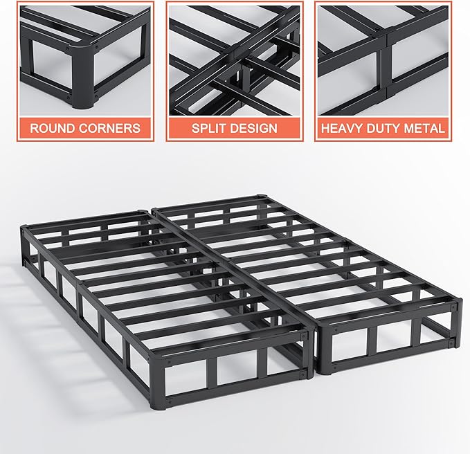 5 Inch Queen Box Spring, Split Design for Easy Setup in Apartments, Heavy Duty Steel Frame, Non-Slip Mattress Base Fabric Cover, Noise Free