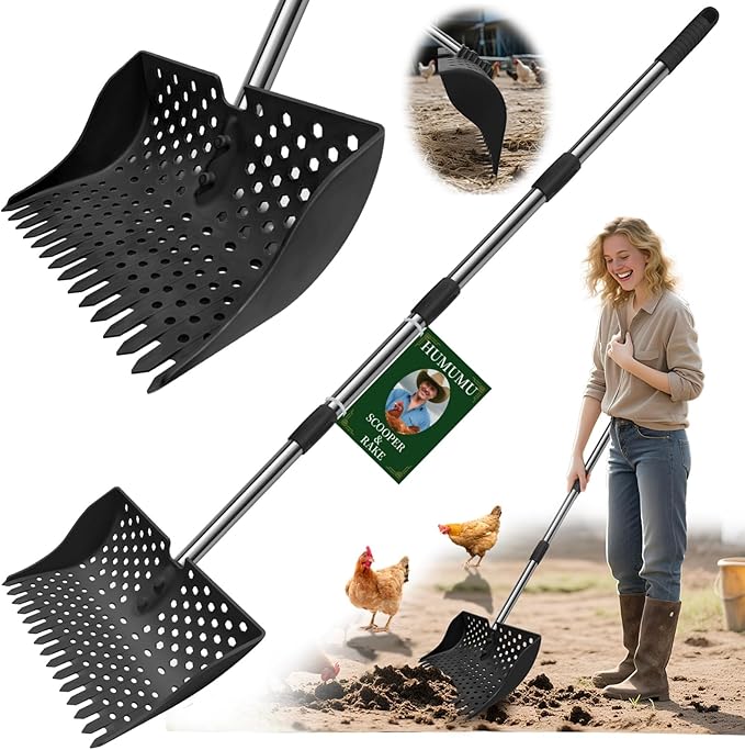 12-Inch 2-in-1 Chicken Poop Scooper & Rake – US Patent Pending – 3-Shape Sifting Holes Chicken Coop Rake，Stainless Steel Handle （20–61"）– Litter Scoop Sand & Sifting Shovel for Chicken Coops (Black)-Mewly Pet