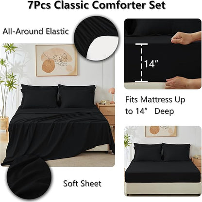 CozyLux California King Comforter Set Black - Cal King Bed in a Bag 7 Pieces, Luxury Soft Bed Set for All Seasons, Bedding Set with Down Alternative Comforter, Sheets, Pillowcases & Shams