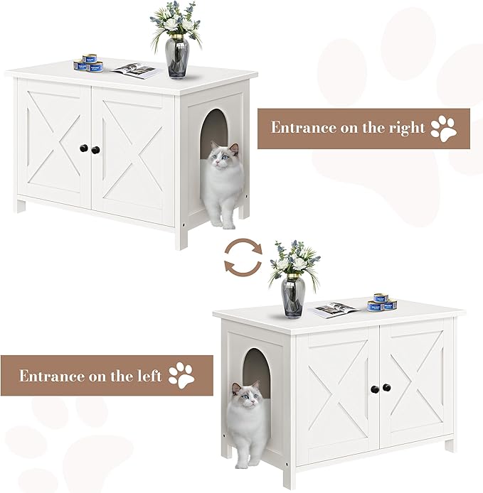 JY QAQA Cat Litter Box Enclosure,Litter Box Furniture Hidden with Barn Door,Wooden Cat Washroom Furniture,Cat House,Fit Most of Litter Box,White-Mewly Pet