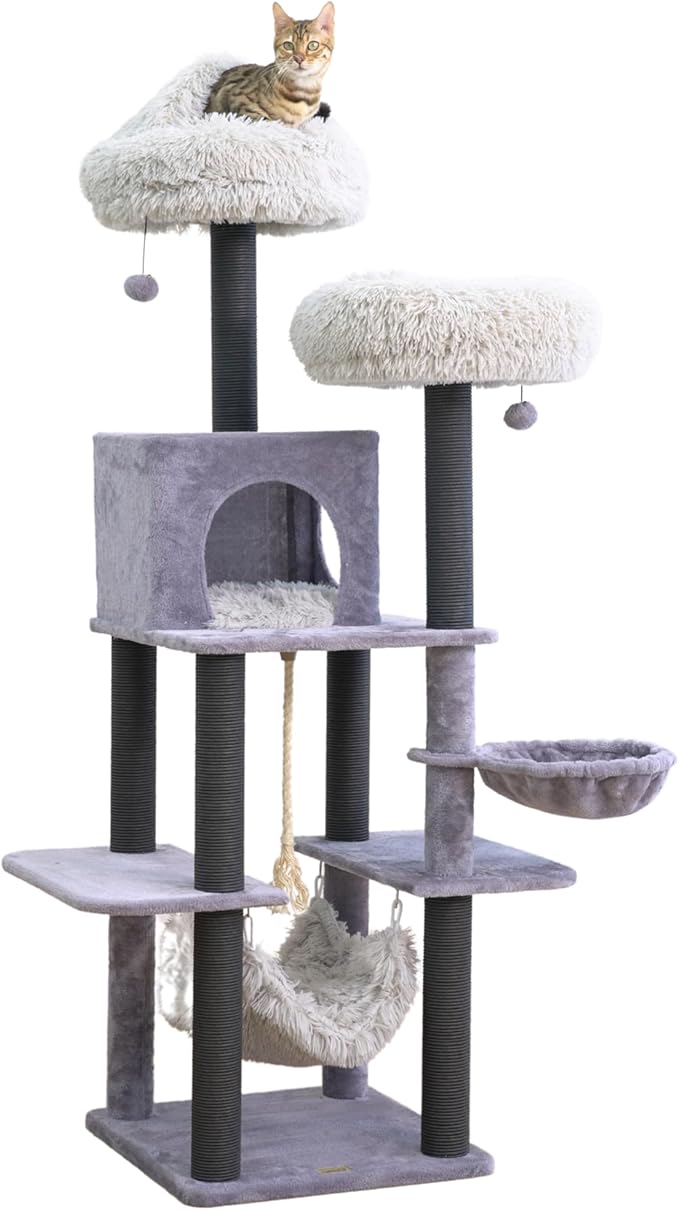 Catry Bradbury 7-Level 62.5” Modern Cat Tree with Replaceable Scratching Posts,Big Condo,Two Washable Beds, Two Hammocks,Quick Assembly, for Multi-Cat Homes(Cloud Gray)-Mewly Pet