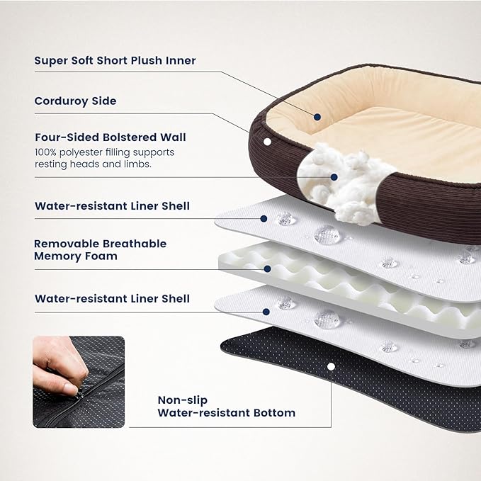 Orthopedic Dog Bed Small Washable, Egg Crate Foam Cat Bed for Senior Cat,Oval Kennel Bed, Pet Couch Bed with Four Sided Bolster, Removable Washable Cover Non-Slip Bottom, Brown-Mewly Pet