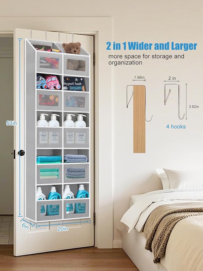 Over the Door Organizer - 10 Compartments, 80 lbs Load Behind Door Storage, Extra Large Hanging Storage Organization, Door Hanging Organizer for Bedroom, Bathroom, Nursery, Shoes, Diaper, Grey