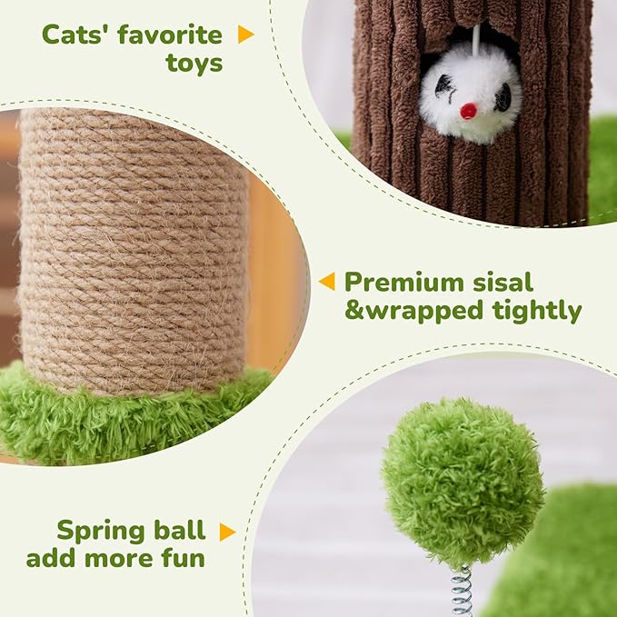 33" Tall Cat Scratching Post for Indoor Cats, Premium Sisal Scratch Posts with Cat Toys and Fun Mouse Holer for Cats at All Ages, Scratcher Tree with Reinforced Stable Base (Green)-Mewly Pet