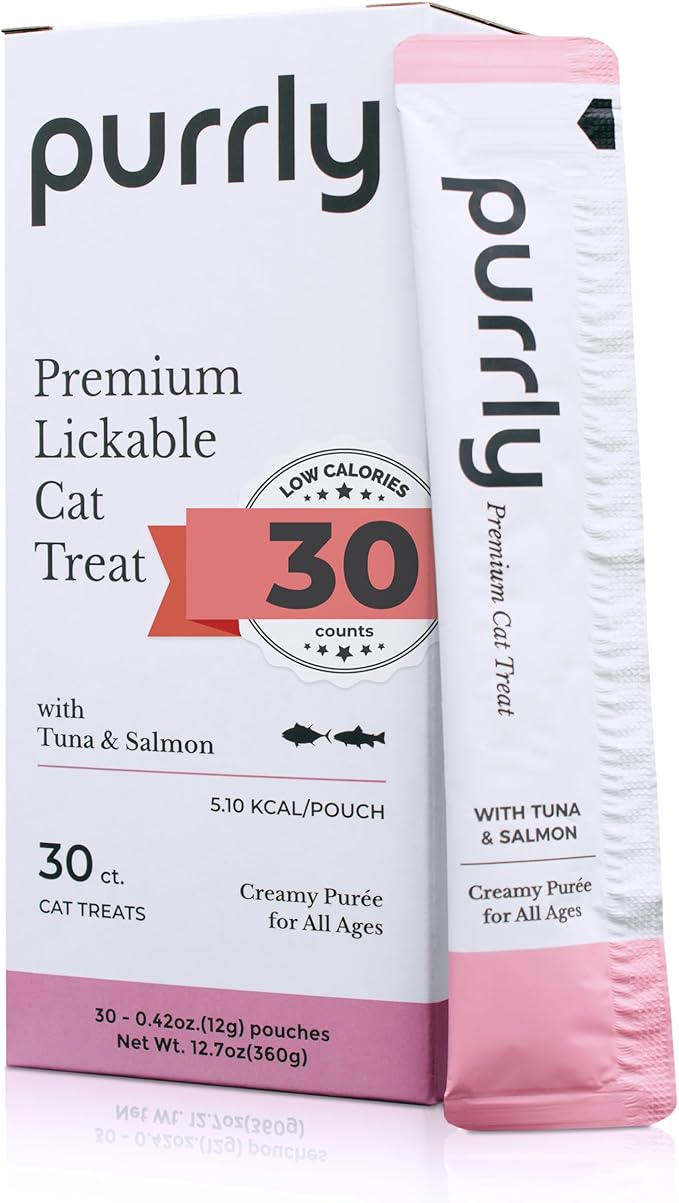 Purrly Squeezable Cat Treats Wet Healthy Interactive Hydrating Human-Grade Tuna & Salmon with Omega-3 & 6 for Skin & Coat (30 Count) Lickable Healthy Creamy Puree-Mewly Pet