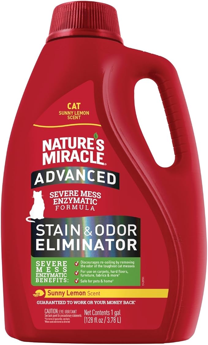 Nature's Miracle Advanced Cat Stain and Odor Eliminator Spray, Severe Mess Enzymatic Formula, Sunny Lemon Scent, 1 Gal-Mewly Pet