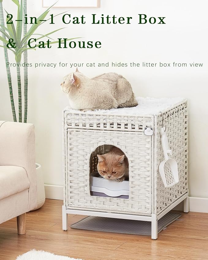 Cat Litter Box Enclosure Hidden Litter Box Furniture with Metal Heightened Feet, Rattan Handwoven Cat House with Litter Mat, Hidden Litter Box Furniture for Bedroom Living Room White-Mewly Pet