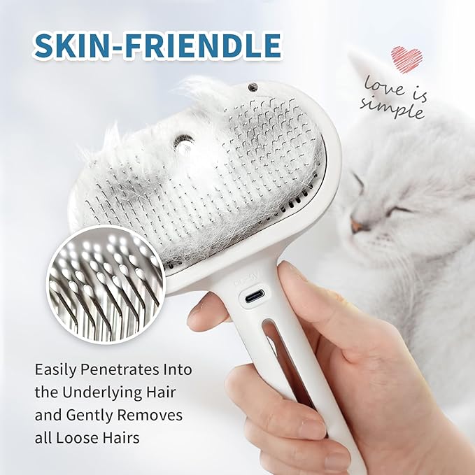 3 In 1 Self Cleaning Steamy Pet Brush - Anti-Static, Grooming Tool for Long and Short Hair Pets, Removes Loose Hair and Reduces Shedding, White-Mewly Pet