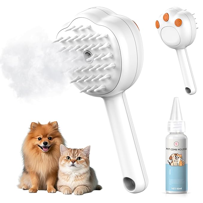 Steam Cat Brush, 6-in-1 Dog Brush Spritz Defur Comb with Pet Waterless Shampoo, Steamy Skin Friendly Deshedding Grooming Tool, Suitable for Shedding & Haired Pets, Pet Supplies Accessories, White-Mewly Pet