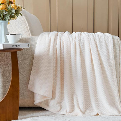 NEWCOSPLAY Super Soft Queen Blanket Ivory Premium Silky Flannel Fleece Leaves Pattern Lightweight Bed Blanket All Season Use (Ivory, Queen(90"x90"))
