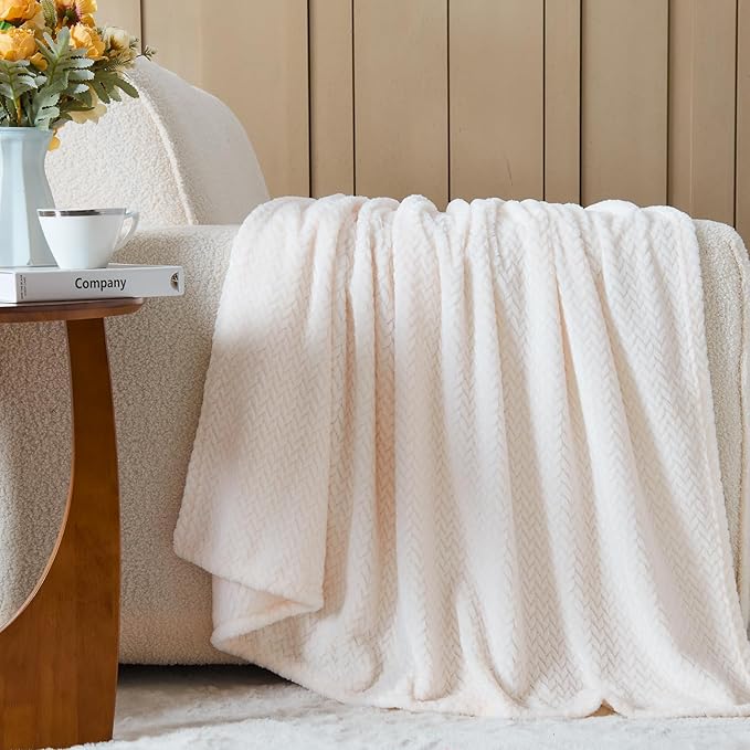 NEWCOSPLAY Super Soft Throw Blanket Ivory Premium Silky Flannel Fleece Leaves Pattern Lightweight Bed Blanket All Season Use (Ivory, Throw(50"x60"))