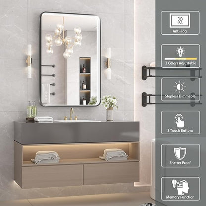 24x36 Inch LED Bathroom Mirror with Lights, Black Metal Framed LED Mirror for Bathroom, 3 Colors and Stepless Dimmable Wall Mounted Lighted Bathroom Vanity Mirror, Anti-Fog, Memory