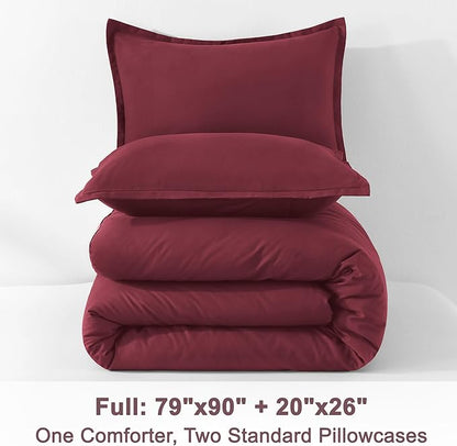 Litanika Burgundy Red Comforter Set Full Size, 3 Pieces Lightweight Solid Bedding Comforter Set, All Season Fluffy Bed Set (79x90In Comforter & 2 Pillowcases)