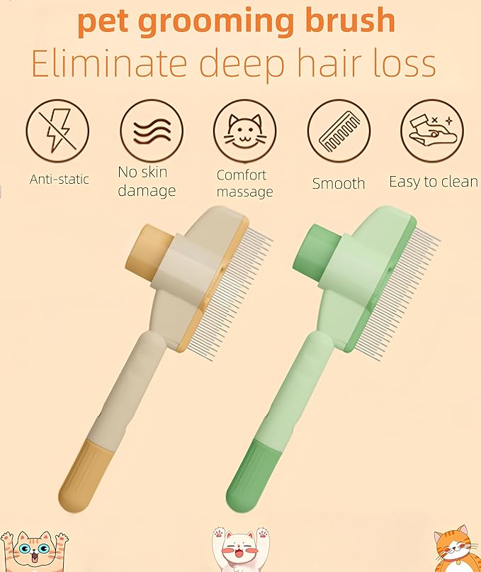 Zen Brush for Cats & Dogs, Avatore Zenbrush Pet Comb, Self-Cleaning Grooming Brush, Stainless Steel Teeth for Shedding Hair Removal 2-pack (Green+Yellow)-Mewly Pet