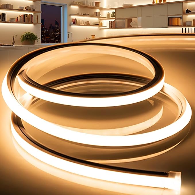 LED Strip Lights Warm White 3000K,65.6ft 110-120V Neon Rope Lights,Flexible Silicone Outdoor Waterproof Neon Strip Lights for Bedroom,Mirror,Kitchen Cabinet, Living Room,Halloween Decor