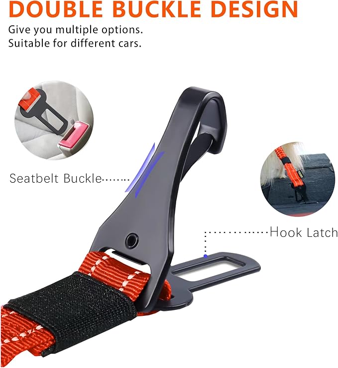 AUBELL Dog Seat Belt for Car,Updated 3-in-1 Adjustable Reflective Bungee Heavy Duty Dog Car Harness Tether with Clip Hook Latch & Buckle,Swivel Zinc Alloy Carabiner,Orange-Mewly Pet
