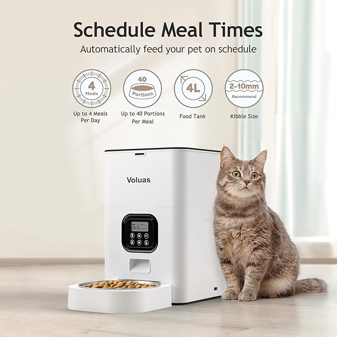 VOLUAS Automatic Cat Feeders - Timed Pet Feeder for Cats and Dogs with Dry Food Dispenser, Desiccant Bag, Programmable Portion Control, 4 Daily Meals, 10s Voice Recorder-Mewly Pet