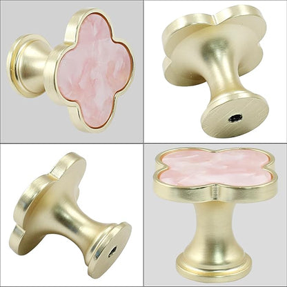 6 Pcs Four-Leaf Drawer Pulls Knobs, Gold Dresser Cabinet Knobs Pulls for Kitchen Cabinet Cupboard Door Furniture Decorative, Pink