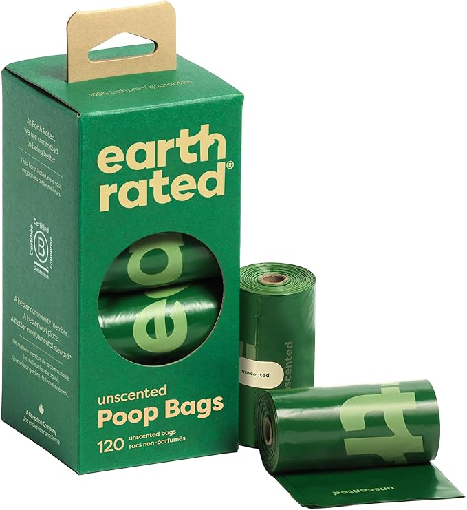 Earth Rated Poop Bags for Dogs Guaranteed Leak Proof and Extra Thick Waste Bag Refill Rolls, Unscented, 120 Count-Mewly Pet