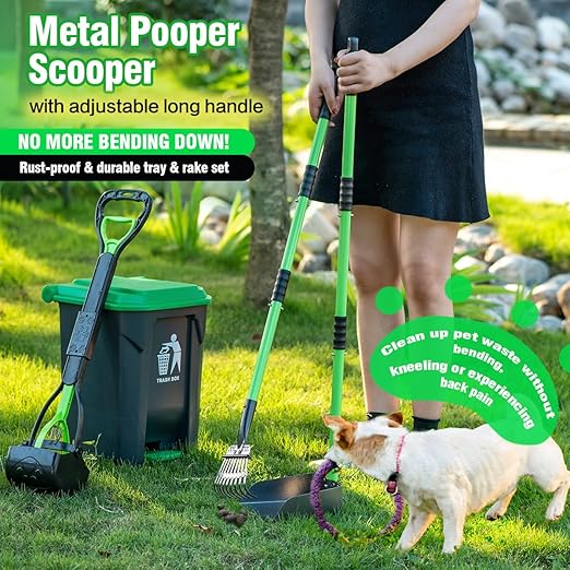 MXF Pooper Scooper Set - 28" Dog Pooper Scooper & Long Handle Stainless Metal Tray&Rake, 15 Litre Step Dog Poop Trash Can w/Removable Inner Bucket, 20 Waste Bags for Outdoors-Mewly Pet