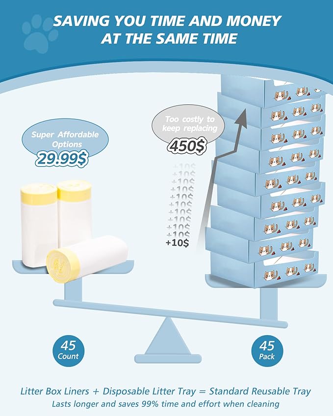 KONE 45 Count Litter Box Liners, Pet* Scoopfree Self-Cleaning Box Liners, Automatic Kitty Litter Bags, Thickened & Leak-Proof Drawstring Cat Litter Waste Bags, Disposable Refill Tray Rectangle Bags-Mewly Pet