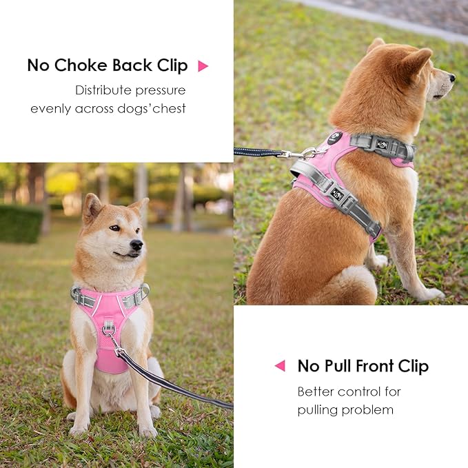 PHOEPET No Pull Dog Harness, Unique Colors Reflective Adjustable Dog Vest, with Soft Training Handle Metal Clips for Small Medium Large Dogs (Baby Pink Base & Grey Straps,S)-Mewly Pet
