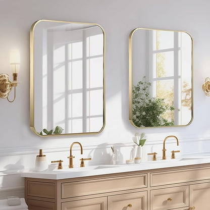 24"x36" Matte Gold Mirror for Wall, Brushed Metal Framed Rounded Corner Rectangular Mirror for Bathroom Vanity,Entryway,Living Room,Bedroom,Vertical or Horizontal