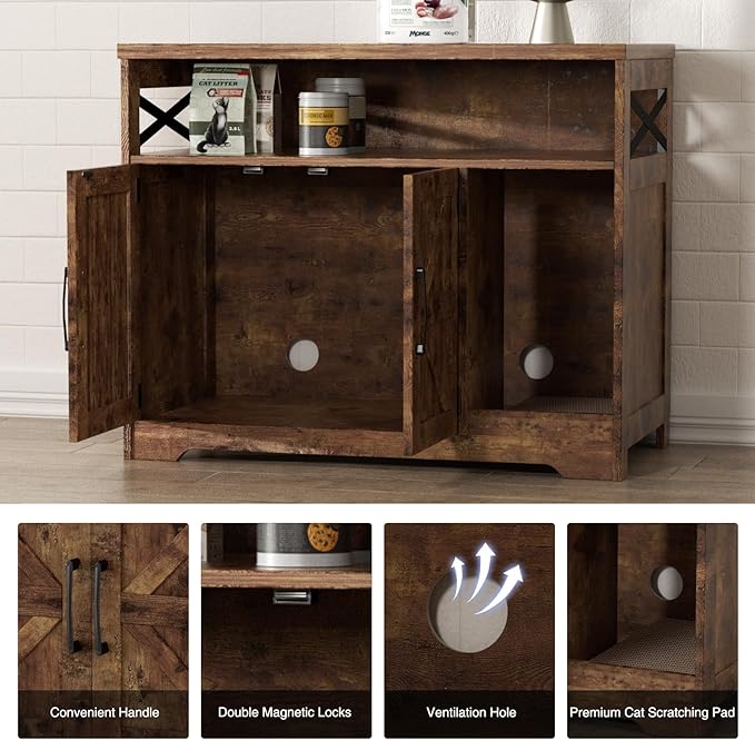 Cat Litter Box Enclosure, Hidden Litter Box Furniture with Scratch Pad, Farmhouse Indoor Cat House Washroom End Table, Rustic Brown-Mewly Pet