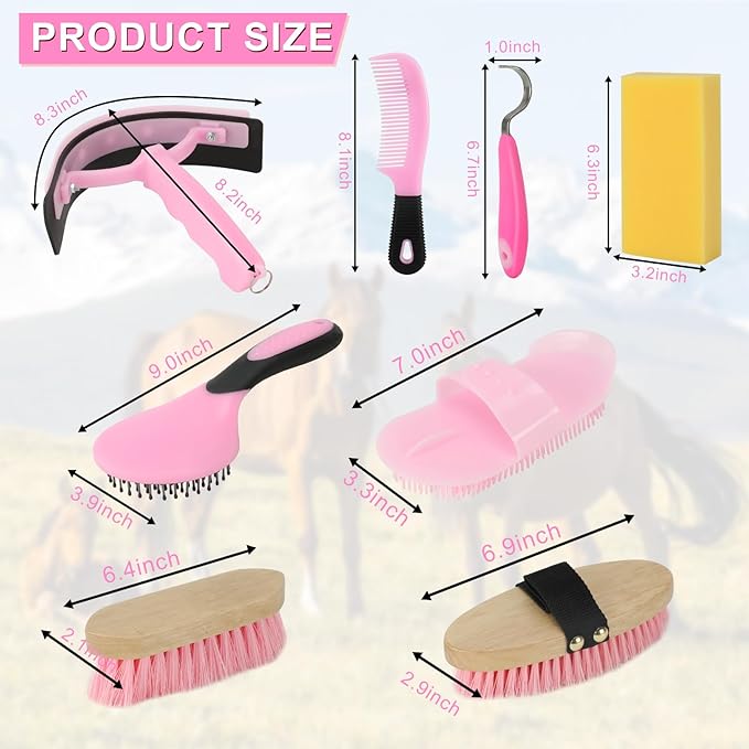 Horse Grooming Kits, 9 Pieces Pink, Includes Tote Bag, Bathing Supplies Sweat Scraper Bathing Sponge, Hoof Pick, Curry Comb for Horse Riders Beginners-Mewly Pet