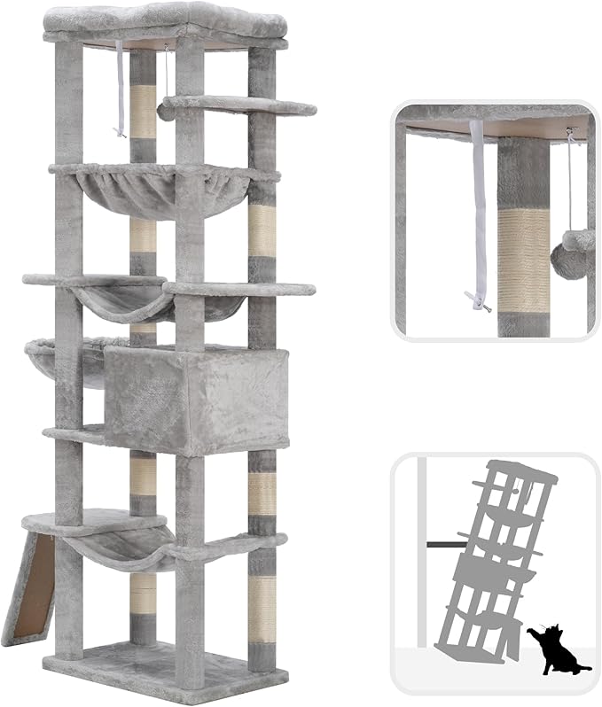 Hey-brother Cat Tree, 69.3-Inches Multi-Level Plush Cat Tower for Indoor Cats with Large Top Perch, Extra Spacious Hammock, 2 Hammocks Ramp, Hanging Ball, Light Gray MPJ037W-Mewly Pet