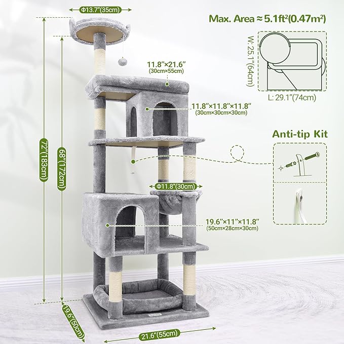 Globlazer Heavy Duty Cat Trees for Large Cats, Sturdy 72in Maine Coon Cat Tree for Large Cats 20 lbs+ Heavy Duty Cat Tower for Adult Biggest Cat with 6 Scratching Posts, Hammock, S72, Light Grey-Mewly Pet