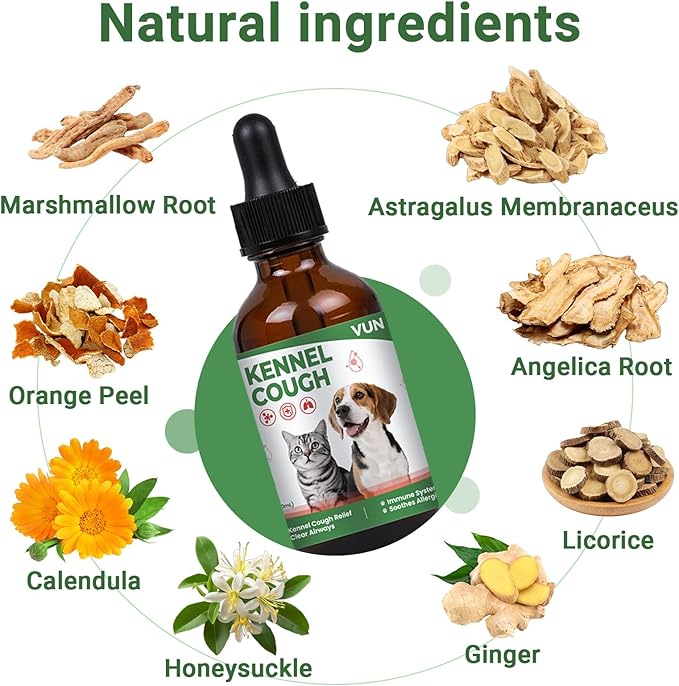 Kennel Cough Treatment Drop for Dogs &Cats,Help Wet and Dry Cough Relief,Seasonal Throat Discomfort, Natural Herbal Cough Liquid with Licorice,Ginger for All Breeds & Sizes,2 fl oz Bacon Flavor-Mewly Pet
