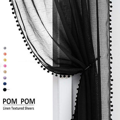 Treatmentex Black Sheer Curtains for Living Room 95" Linen Texture Chic Curtain Panels Pom Pom Trimmed Voile Drapes for Bedroom Office Children's Room 2pcs